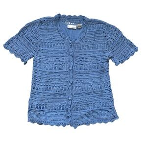 Cottagecore, sweet crochet short-sleeve button front cardigan.Twee, grandma chic